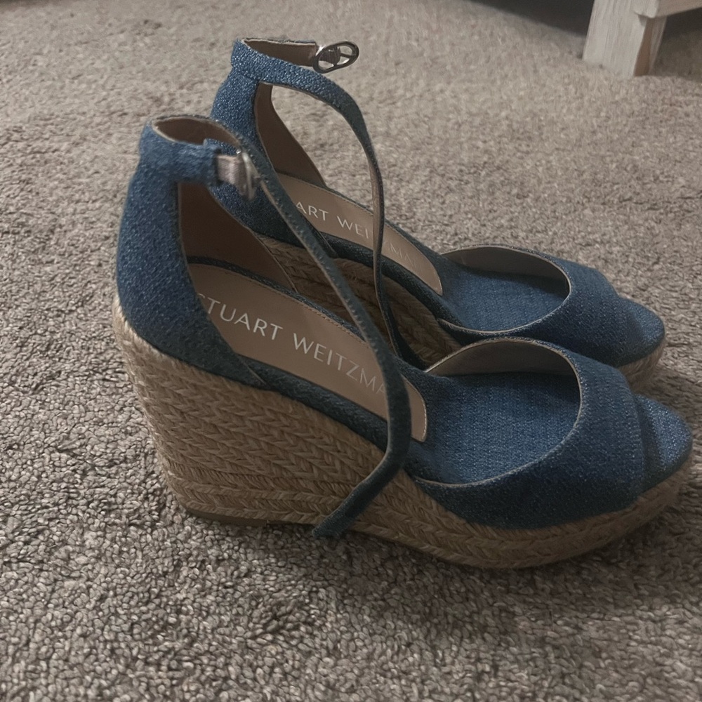 Stuart Weitzman Denim Blue Espadrille Wedge Sandals
